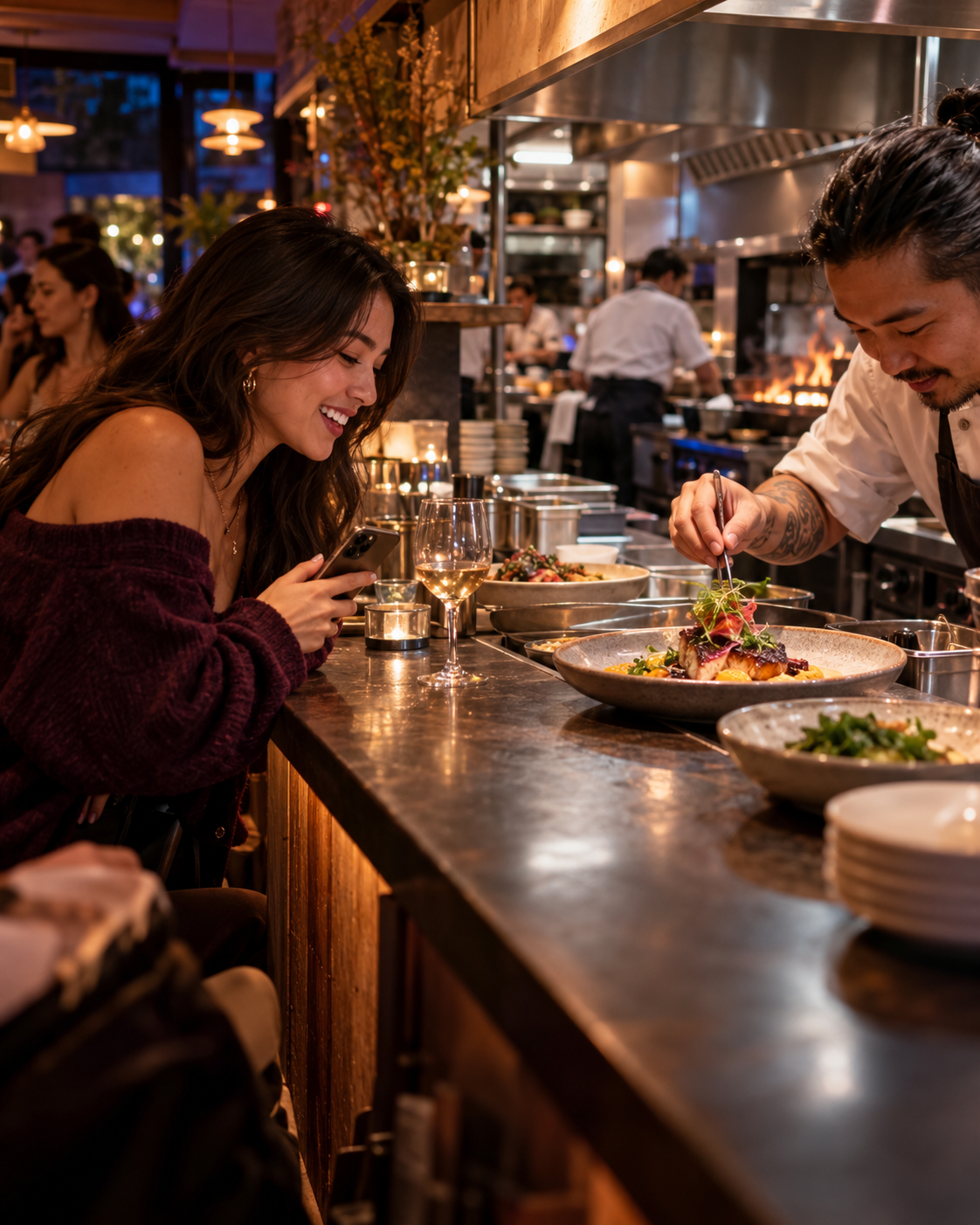 Creator enjoying a dish at the restaurant pass