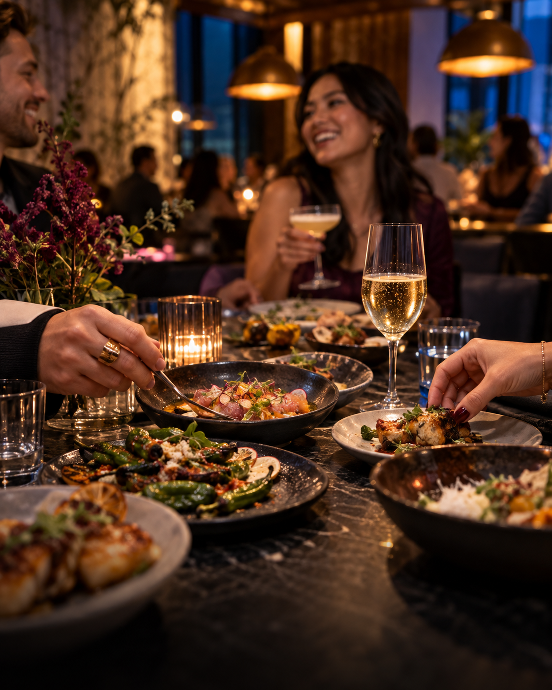 Friends sharing plates and drinks at a restaurant